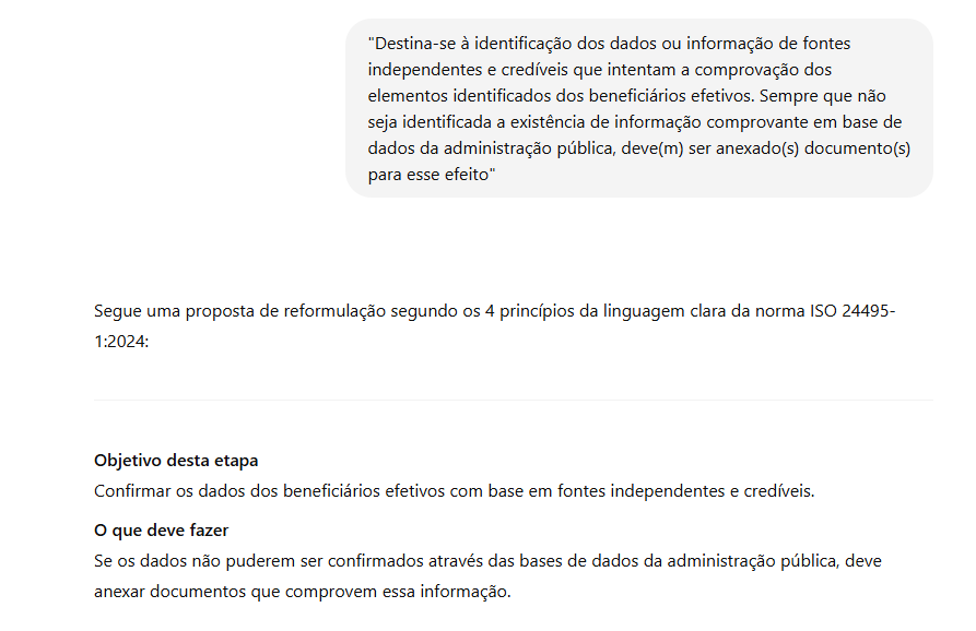 Reformulação do texto do Beneficiário Efetivo em linguagem clara, organizada em objetivo e instruções para o utilizador.