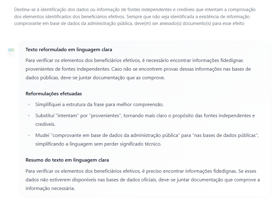 Resultado do Evaristo.ai com a reformulação, a explicação das alterações e o resumo do texto do Beneficiário Efetivo.